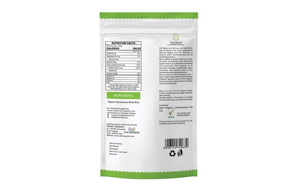Orgabite Organic Sonamasuri White Rice    Pack  1 kilogram